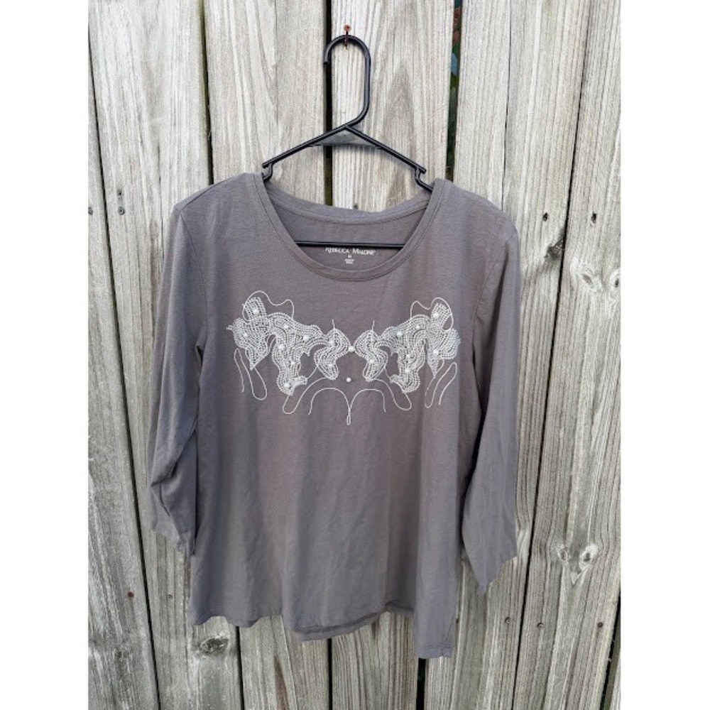 Cottagecore Rebecca Malone Top M Grey Embroidered Pearl Embellished Long Sleeve